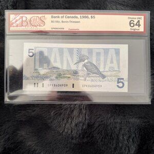 1986 Bank of Canada $5 note, professionally graded Choice Uncirculated 64 by BCS